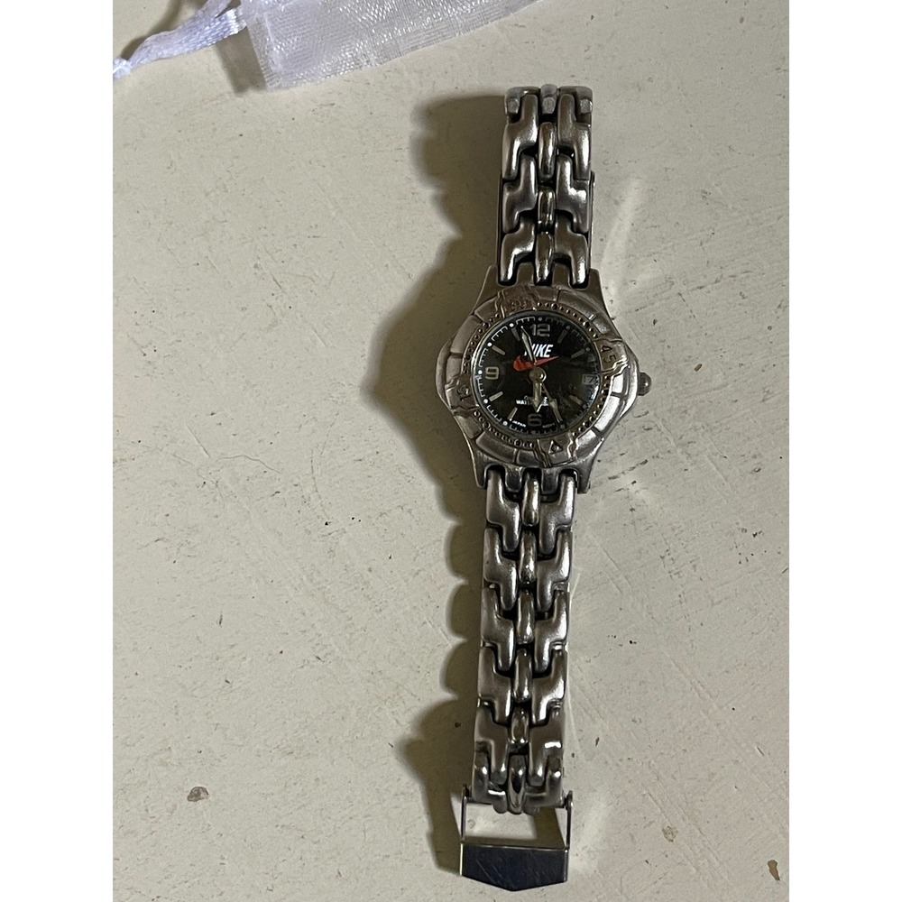 Vtg Nike Women Silver Tone Black Dial Analog Watch Red Swoosh Stainless Steel